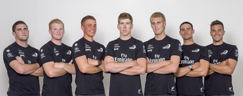 Emirates Team New Zealand Youth Team 2013 Red Bull Youth America’s Cup - Guy Endean, Jono Spurdle, Andy Maloney, Peter Burling, Jason Saunders, Sam Meech and Blair Tuke.  © Chris Cameron/ETNZ http://www.chriscameron.co.nz